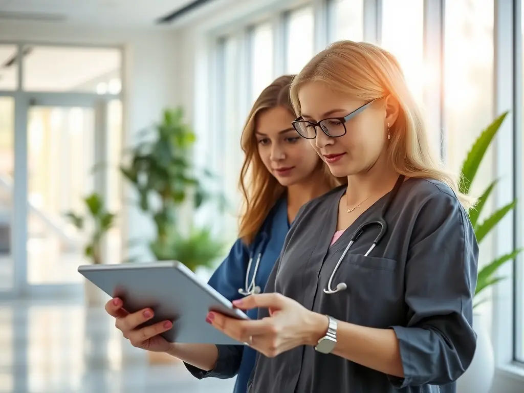 A professional doctor in a well-lit office, reviewing patient records on a tablet with a focused expression, symbolizing efficient medical practice management.