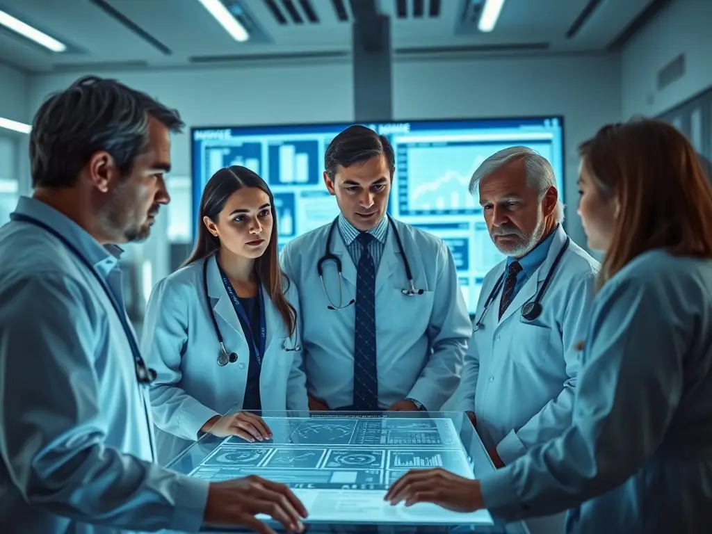 A modern hospital setting with staff collaborating around a digital display showing real-time billing data and analytics, emphasizing data-driven decision-making.