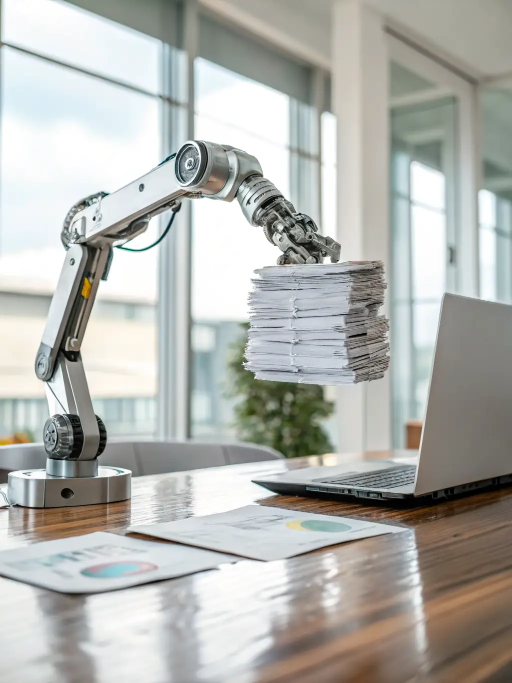 A robotic arm performing a precise task, representing robotic process automation in healthcare billing and administration.