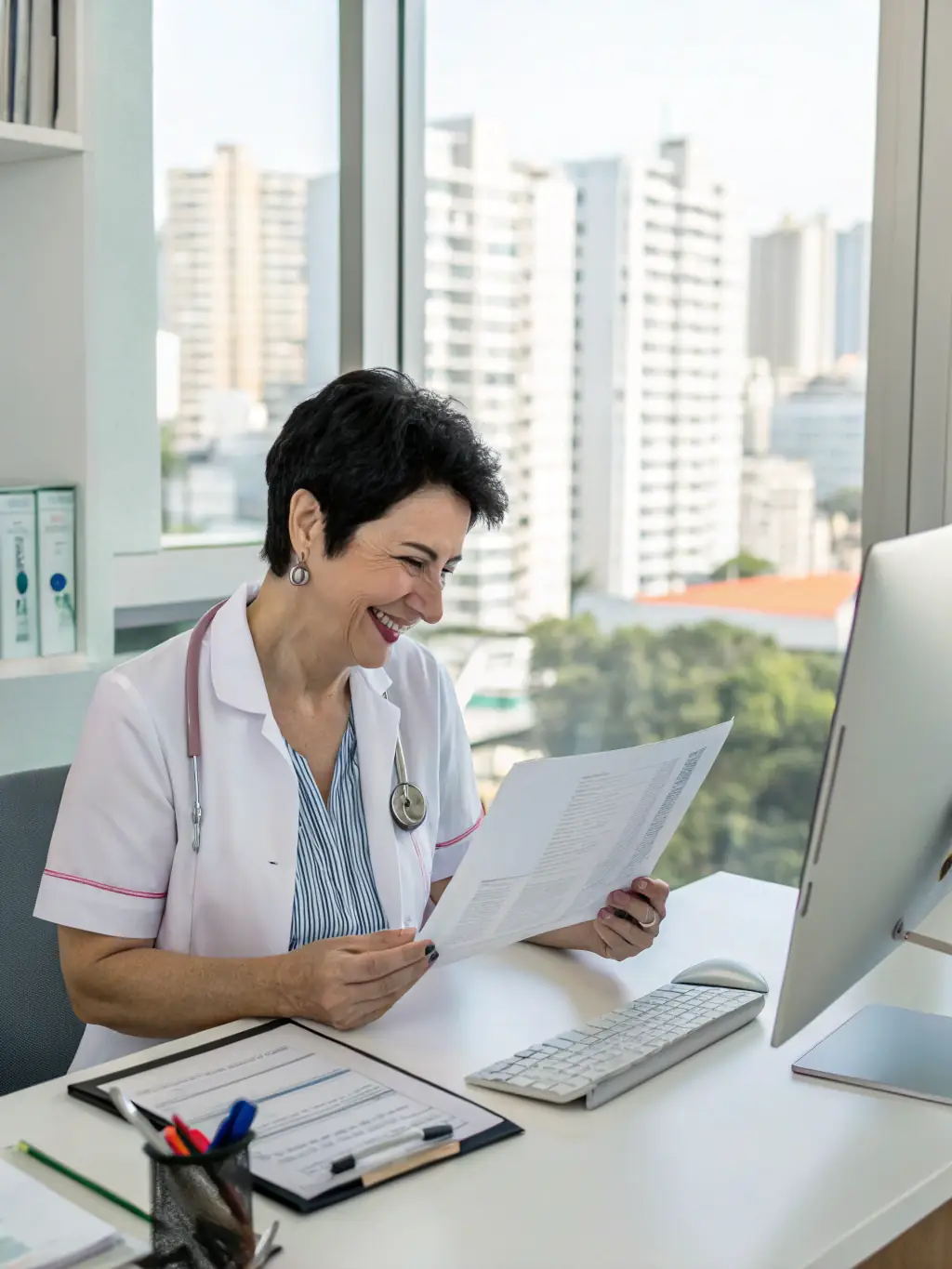 A medical professional reviewing a detailed billing report with a look of satisfaction, highlighting the accuracy and clarity of the service.